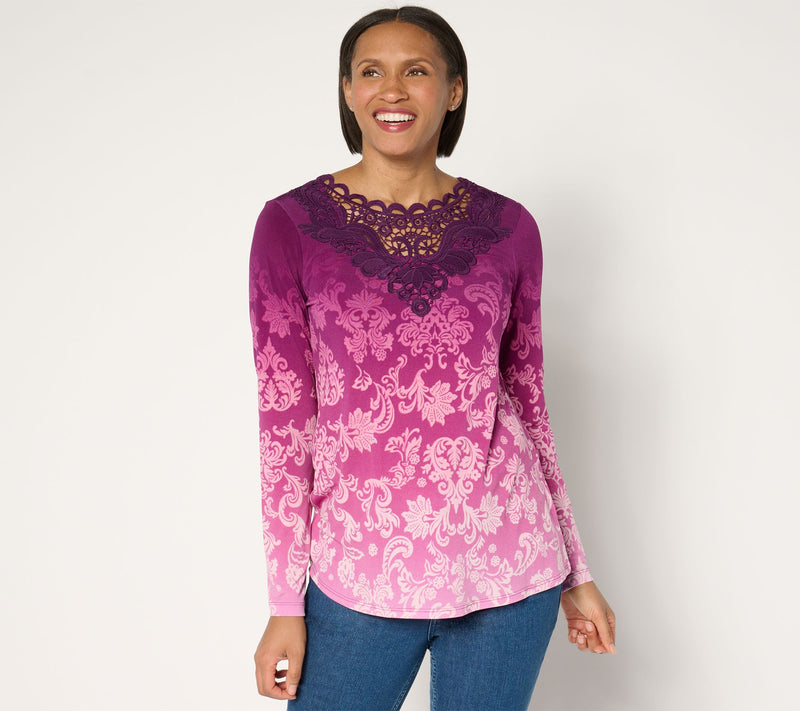 Susan Graver Regular Printed Liquid Knit Top with Lace Applique — View 3