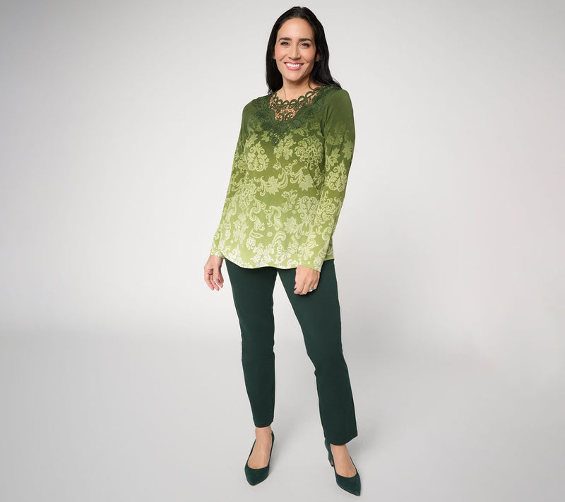 Susan Graver Petite Printed Liquid Knit Top with Lace Applique — View 15