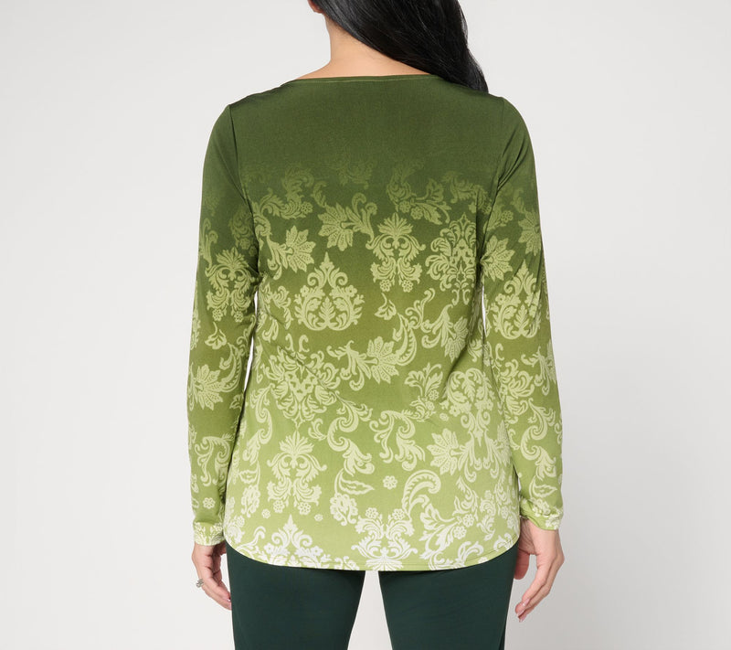 Susan Graver Petite Printed Liquid Knit Top with Lace Applique — View 14