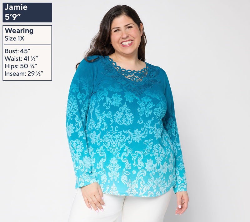 Susan Graver Petite Printed Liquid Knit Top with Lace Applique — View 12