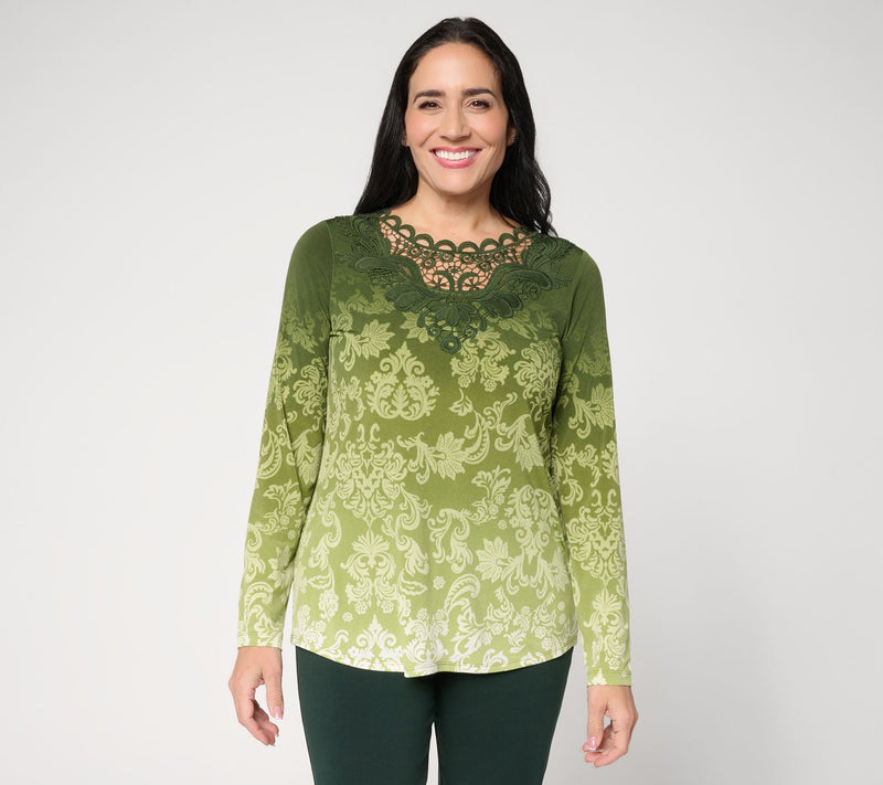 Susan Graver Petite Printed Liquid Knit Top with Lace Applique — Main view