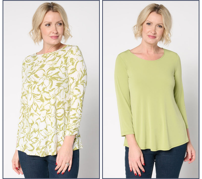 Susan Graver Regular Liquid Knit Set of 2 Print & Solid Tops — View 9