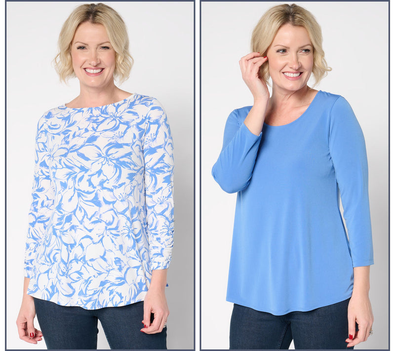 Susan Graver Regular Liquid Knit Set of 2 Print & Solid Tops — View 5