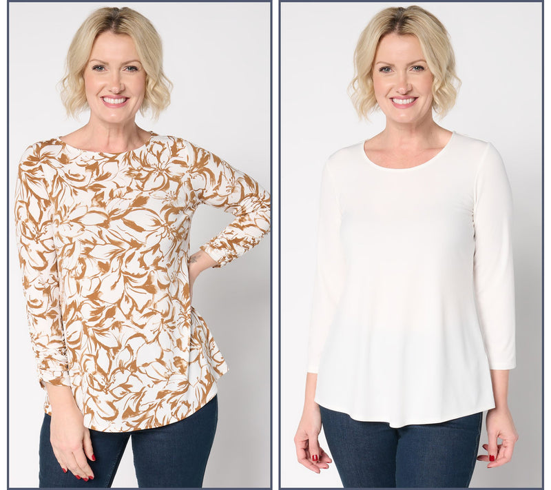 Susan Graver Regular Liquid Knit Set of 2 Print & Solid Tops — View 7