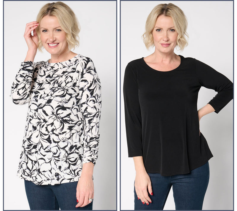 Susan Graver Petite Liquid Knit Set of 2 Print & Solid Tops — View 17