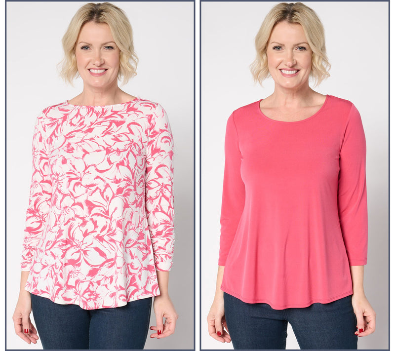 Susan Graver Petite Liquid Knit Set of 2 Print & Solid Tops — View 18
