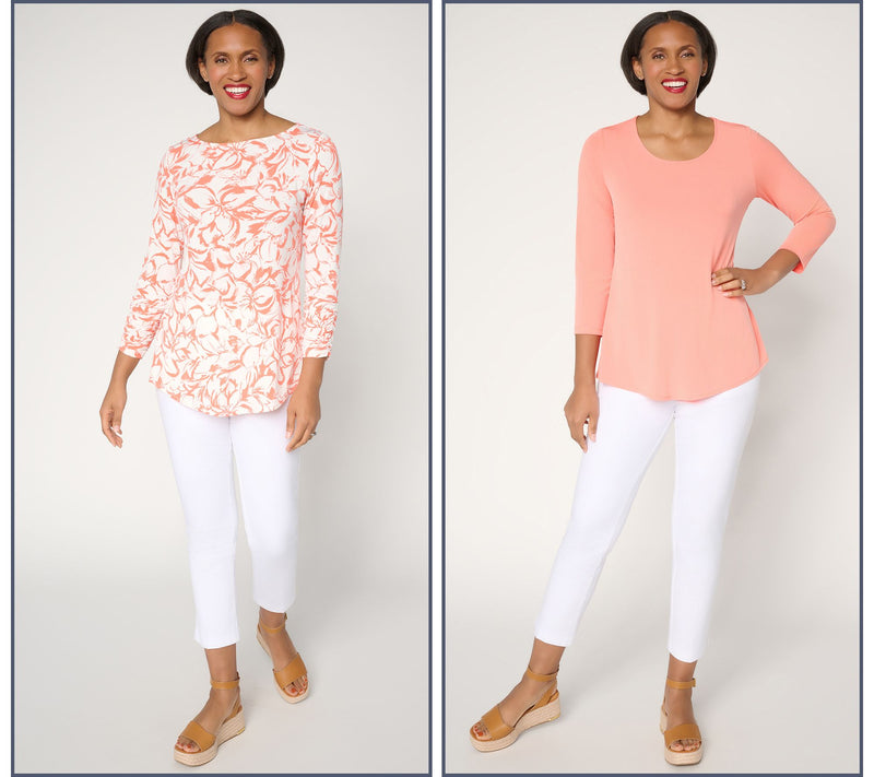 Susan Graver Petite Liquid Knit Set of 2 Print & Solid Tops — View 11
