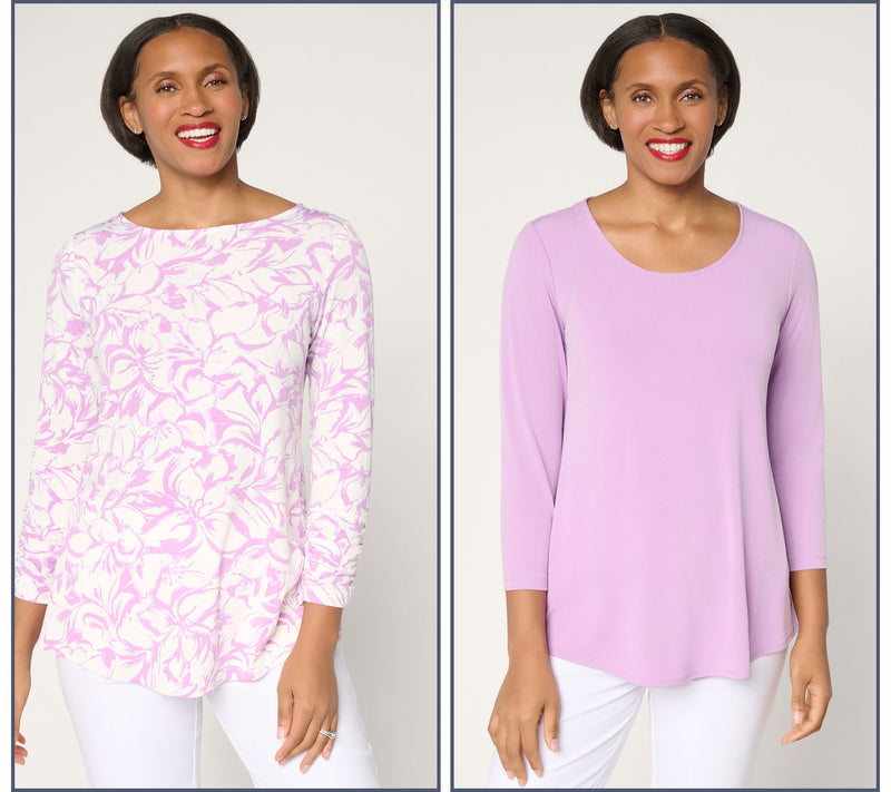 Susan Graver Petite Liquid Knit Set of 2 Print & Solid Tops — View 5