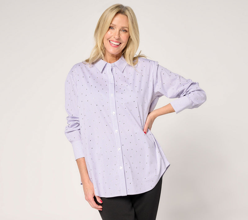 GRAVER Susan Graver Petite Relaxed Yarn Dye Rhinestone Shirt — Main view