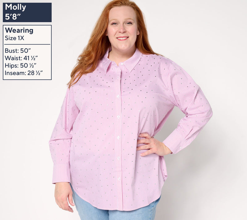 GRAVER Susan Graver Petite Relaxed Yarn Dye Rhinestone Shirt — View 10
