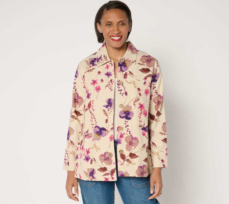 Susan Graver Regular Printed Cotton Button Front Swing Jacket — View 5