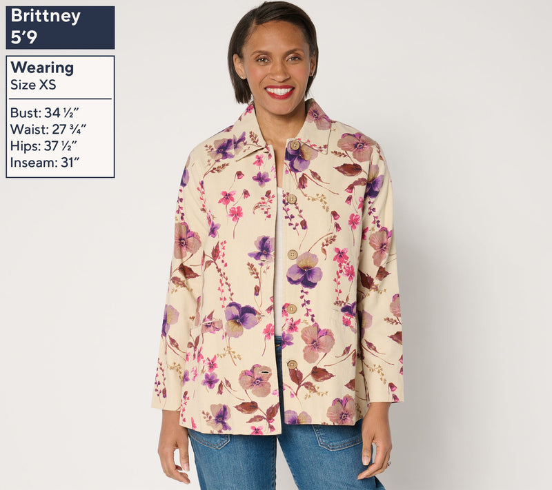 Susan Graver Regular Printed Cotton Button Front Swing Jacket — View 7