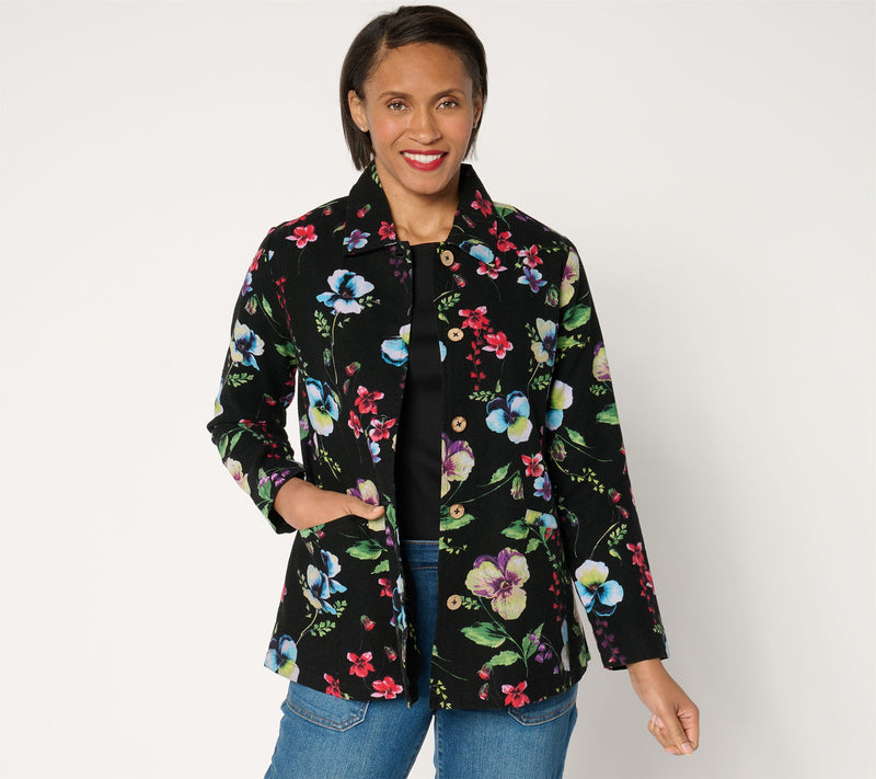 Susan Graver Regular Printed Cotton Button Front Swing Jacket — View 12