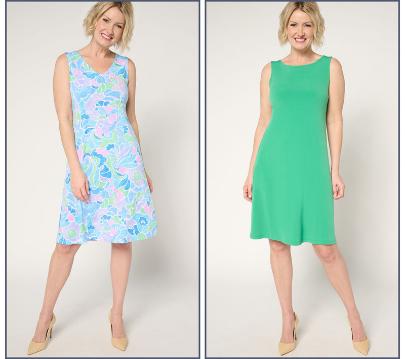 Susan Graver Regular Liquid Knit Set of 2 Print & Solid Dresses — View 9