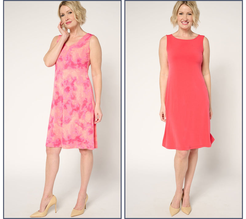 Susan Graver Regular Liquid Knit Set of 2 Print & Solid Dresses — View 13