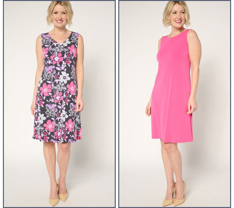 Susan Graver Petite Liquid Knit Set of 2 Print & Solid Dresses — View 14