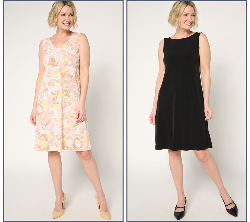 Susan Graver Petite Liquid Knit Set of 2 Print & Solid Dresses — View 16