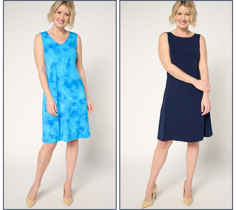 Susan Graver Petite Liquid Knit Set of 2 Print & Solid Dresses — View 18