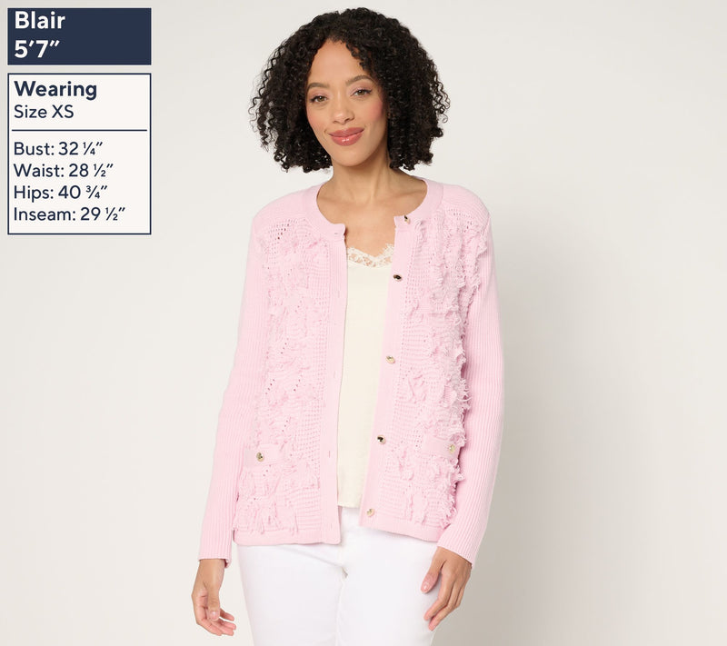 Susan Graver Textured Fringe Knit Button Front Cardigan — View 9