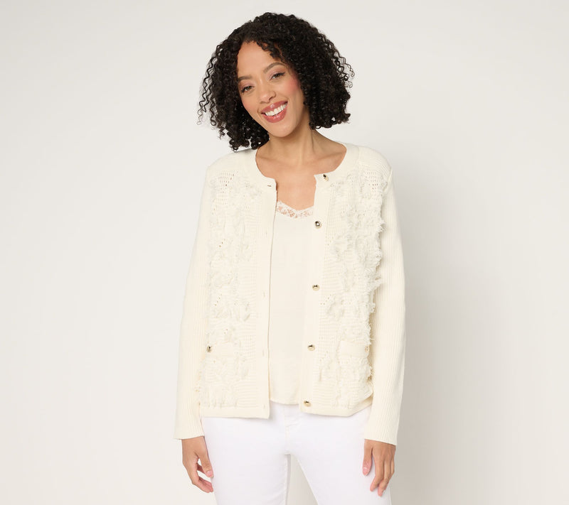 Susan Graver Textured Fringe Knit Button Front Cardigan — View 5