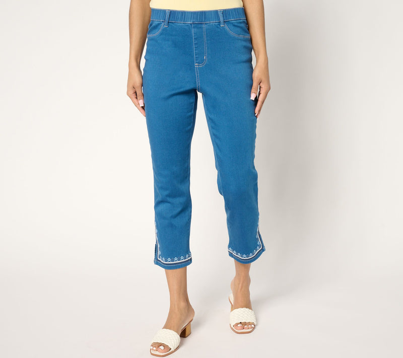 Susan Graver Petite Soft Stretch Embroidered Hem Crop Jeans — View 3