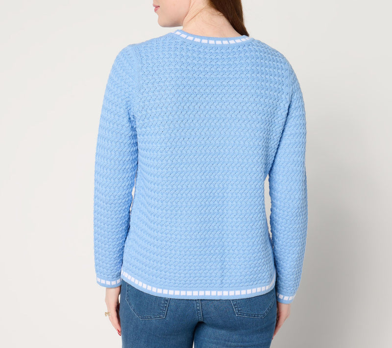 Sport Savvy 100% Cotton Basket Stitch Sweater with Novelty Tipping — View 4