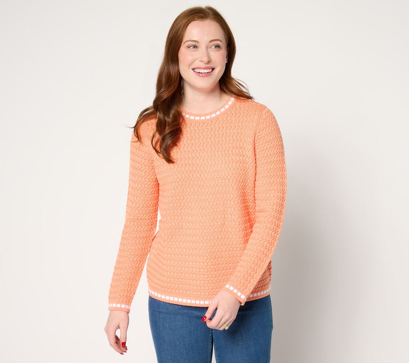 Sport Savvy 100% Cotton Basket Stitch Sweater with Novelty Tipping — View 10