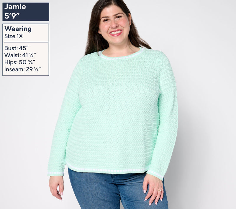 Sport Savvy 100% Cotton Basket Stitch Sweater with Novelty Tipping — View 2