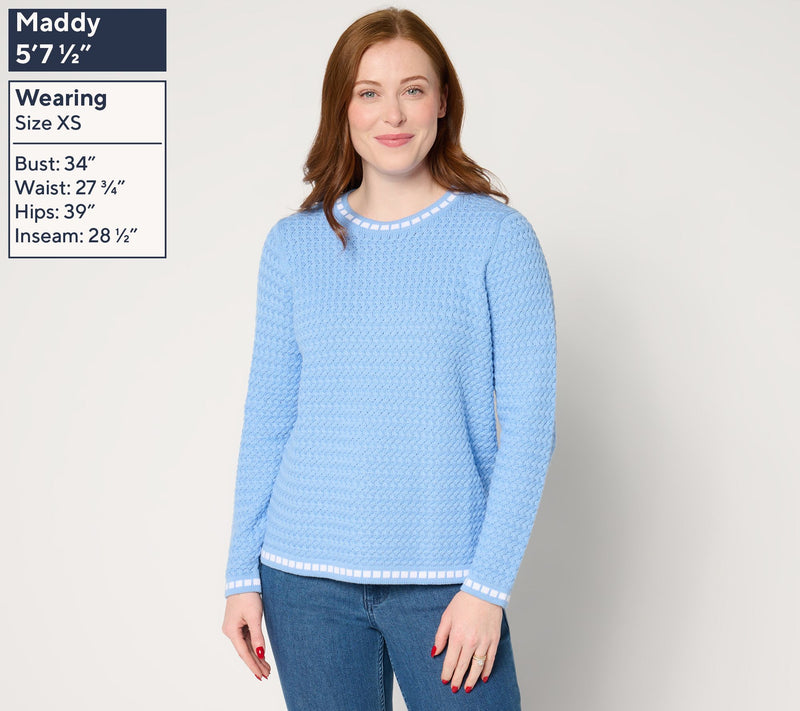 Sport Savvy 100% Cotton Basket Stitch Sweater with Novelty Tipping — View 3