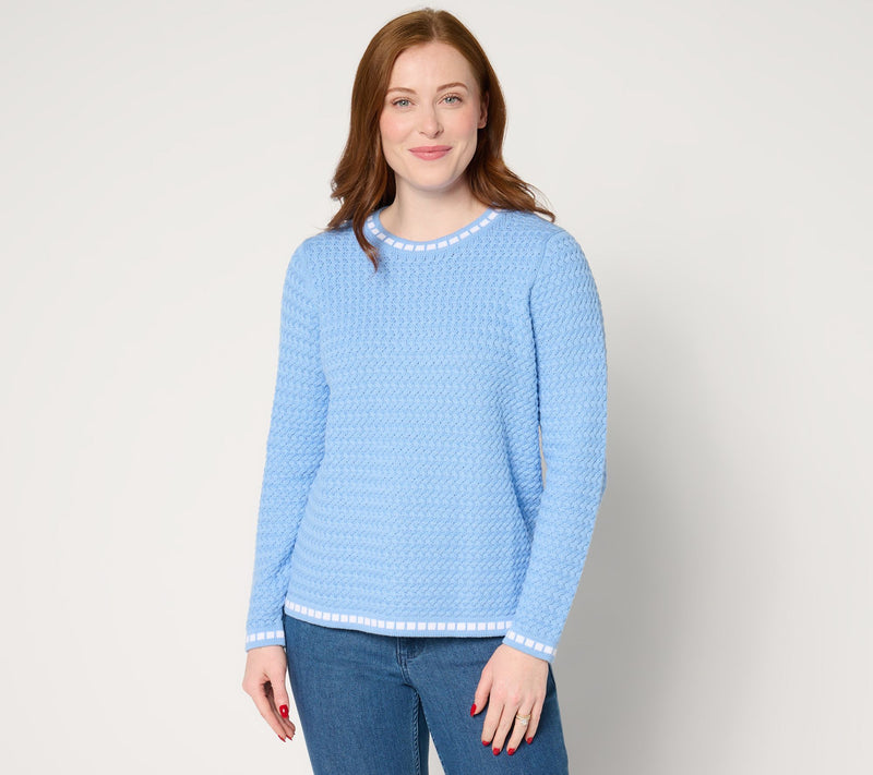 Sport Savvy 100% Cotton Basket Stitch Sweater with Novelty Tipping — View 11