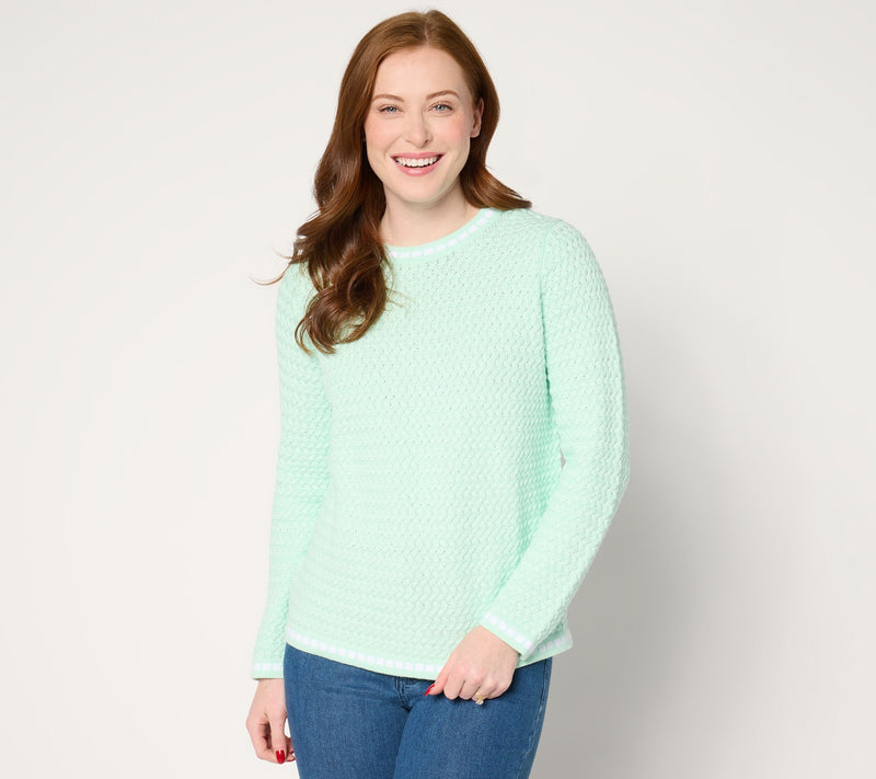 Sport Savvy 100% Cotton Basket Stitch Sweater with Novelty Tipping — View 12