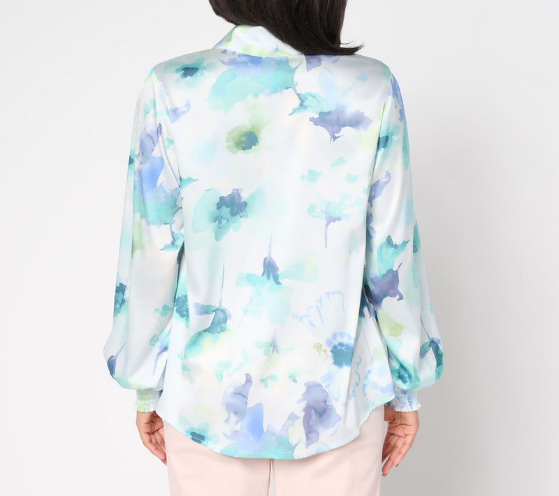 Dennis Basso Regular Printed Woven Top with Blouson Sleeves — View 4