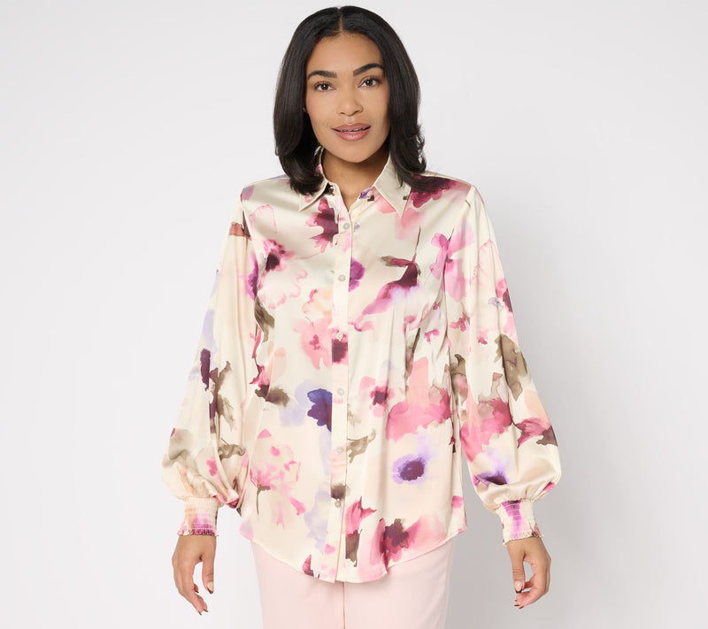 Dennis Basso Regular Printed Woven Top with Blouson Sleeves — View 13