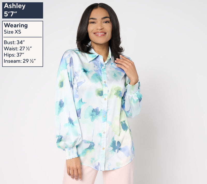 Dennis Basso Regular Printed Woven Top with Blouson Sleeves — View 3