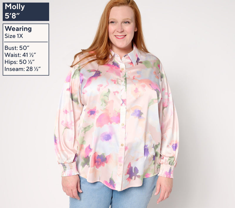 Dennis Basso Regular Printed Woven Top with Blouson Sleeves — View 2