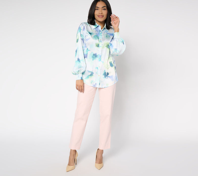 Dennis Basso Regular Printed Woven Top with Blouson Sleeves — View 5
