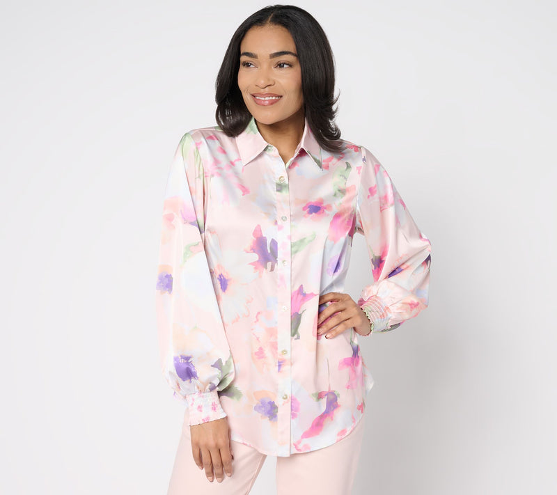 Dennis Basso Regular Printed Woven Top with Blouson Sleeves — View 14