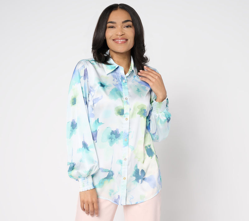 Dennis Basso Regular Printed Woven Top with Blouson Sleeves — View 15