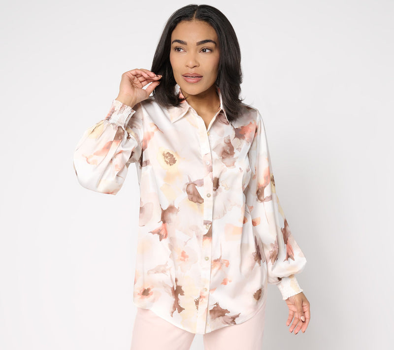 Dennis Basso Regular Printed Woven Top with Blouson Sleeves — View 16