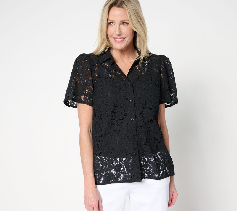 Dennis Basso Flutter Sleeve Lace Camp Shirt — View 13