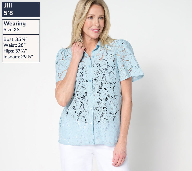 Dennis Basso Flutter Sleeve Lace Camp Shirt — View 5