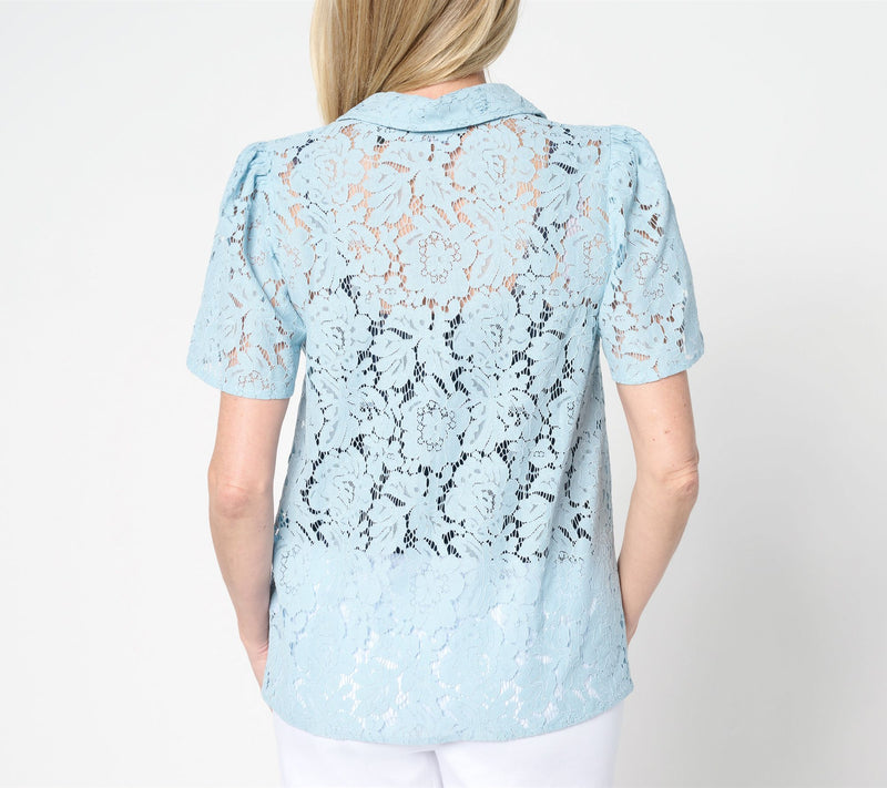Dennis Basso Flutter Sleeve Lace Camp Shirt — View 6
