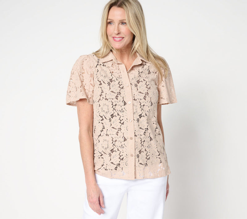 Dennis Basso Flutter Sleeve Lace Camp Shirt — View 14