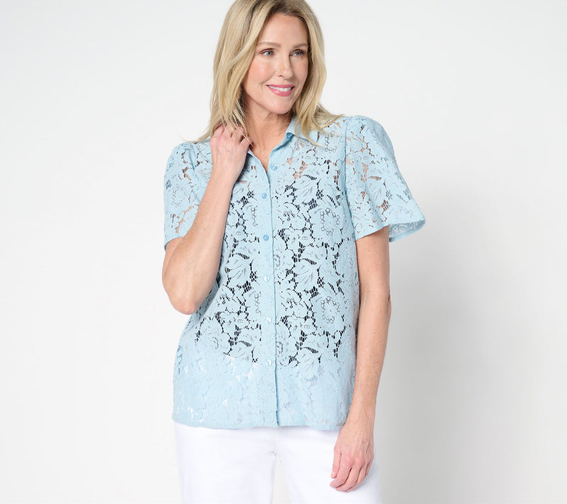 Dennis Basso Flutter Sleeve Lace Camp Shirt — View 3