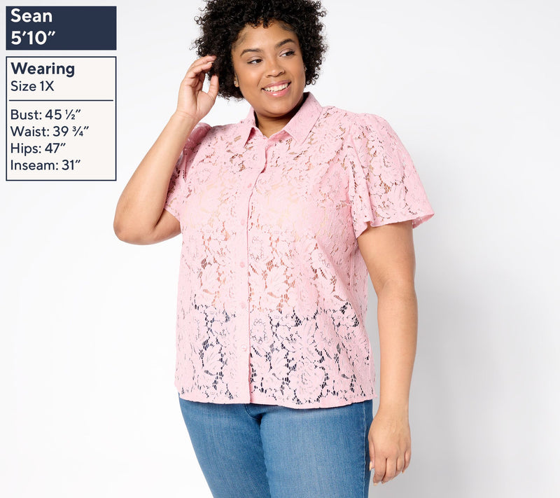 Dennis Basso Flutter Sleeve Lace Camp Shirt — View 4