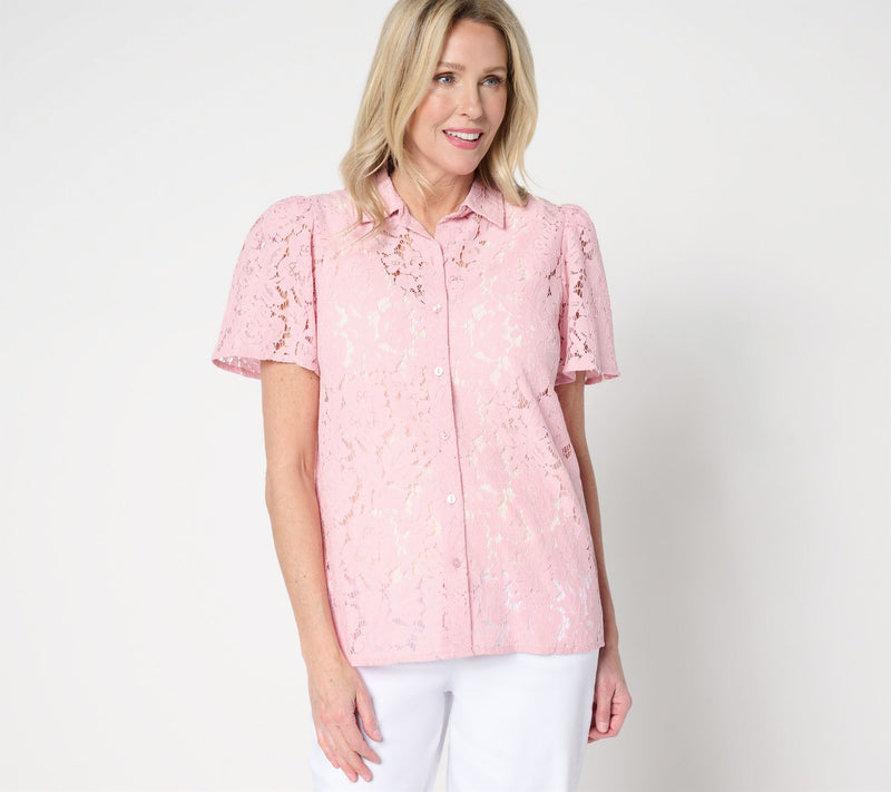 Dennis Basso Flutter Sleeve Lace Camp Shirt — View 15