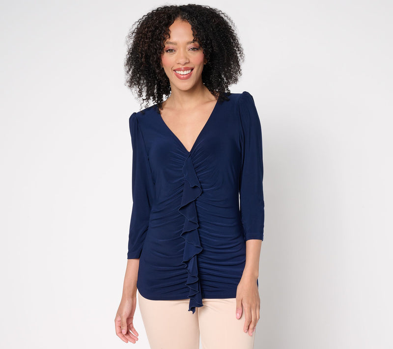 Dennis Basso Italia Knit Cascade-Front Top with 3/4-Sleeves — View 7