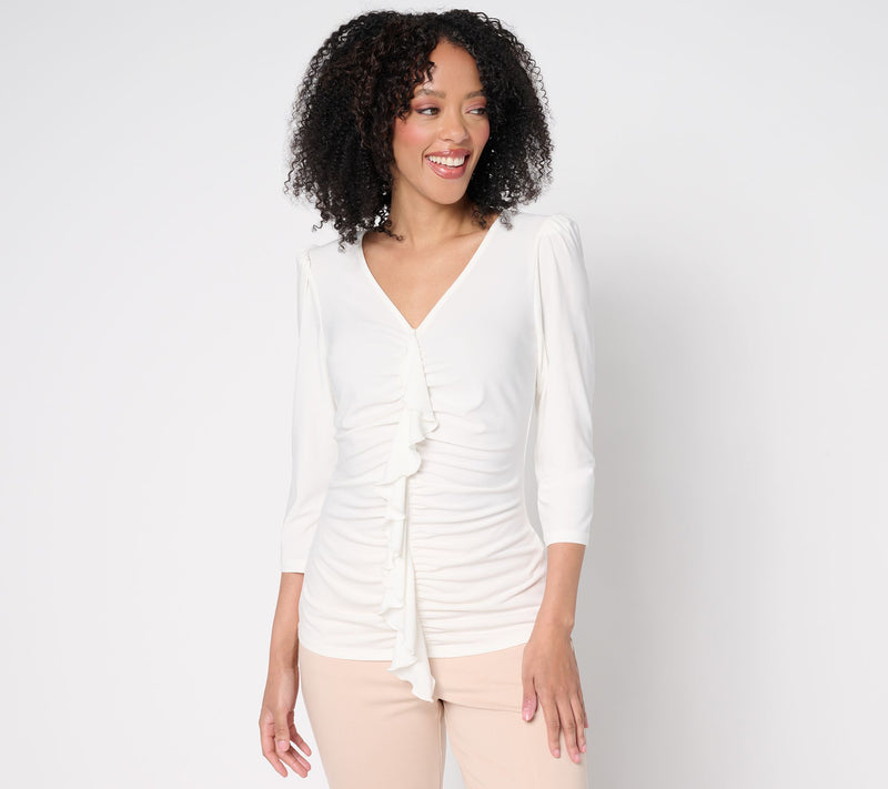 Dennis Basso Italia Knit Cascade-Front Top with 3/4-Sleeves — View 5