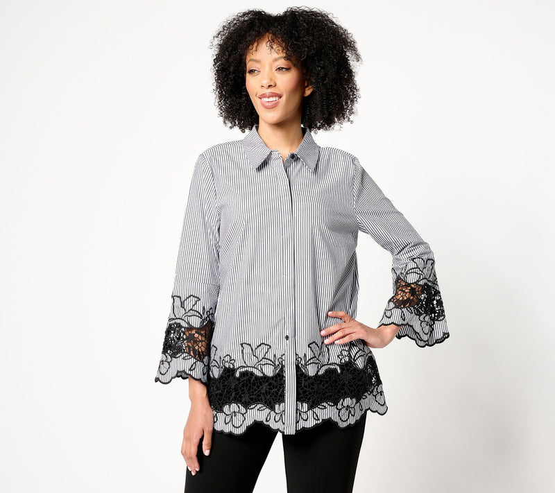 Dennis Basso Regular Cotton Stretch Yarn Dye Stripe Top w/Lace Trim — View 13