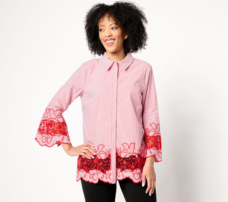 Dennis Basso Regular Cotton Stretch Yarn Dye Stripe Top w/Lace Trim — View 15